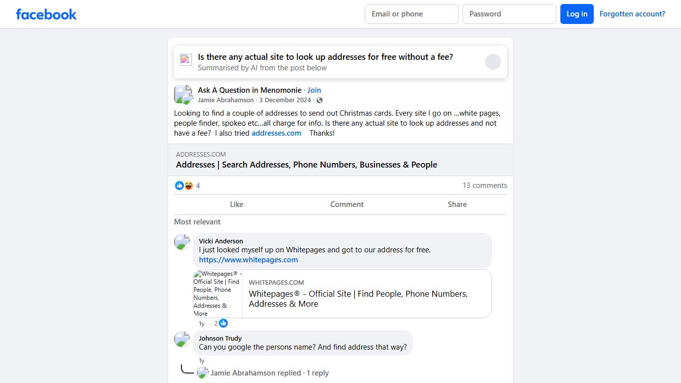 Ask A Question in Menomonie Looking to find a couple of addresses to send out Christmas cards Facebook